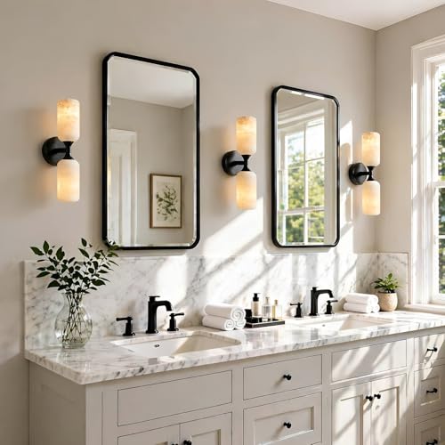 Natural Alabaster Wall Sconce 15in Marble Bathroom Vanity Sconce Black E26