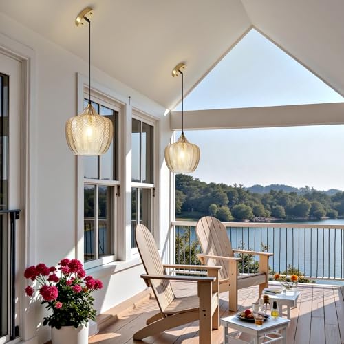 Amber Glass Pendant Lights Kitchen Island 2 Pack Gold Hanging Ceiling Light (2 Count)
