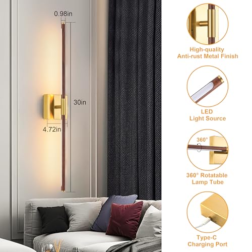 Walnut Gold Battery Operated Wall Sconces with Remote 30 Inch (2 Count)