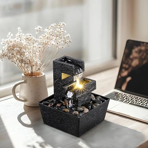 8 Inch Modern Black Tabletop Water Fountain with LED Light