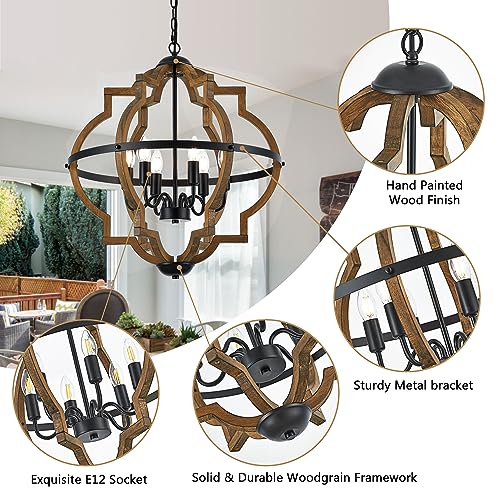 22.83" 6 Light Brown Oak Wood Drum Pendant Light for Dining Room