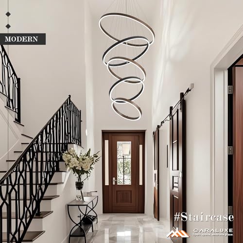 LED 5 Ring Chandelier High Ceiling Foyer Chandeliers Black Walnut Dimmable