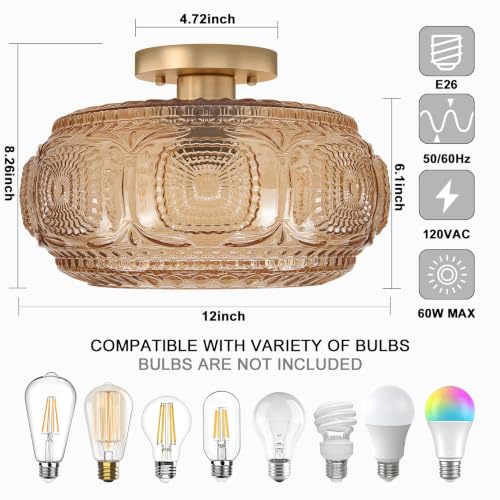 12" Mid Century Glass Semi Flush Mount Ceiling Light Fixture Amber