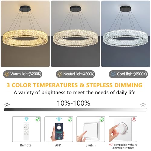 Modern Round Crystal Chandelier Dimmable LED Hanging Light Fixture with Remote for Living Room Dining Room Bedroom Black