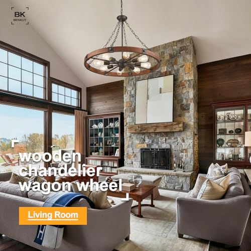 Farmhouse Wagon Wheel Chandelier 31.5" Walnut Rustic Chandeliers 8