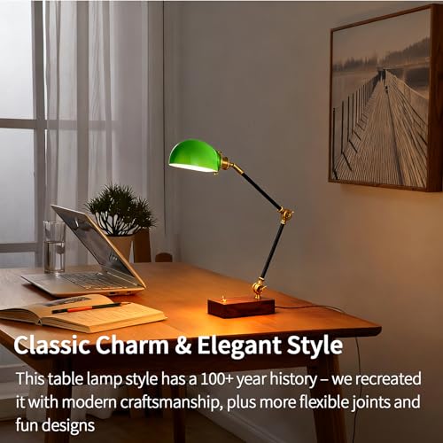 Adjustable Swing Arm Vintage Desk Lamp Modern Style Green Glass Solid Wood