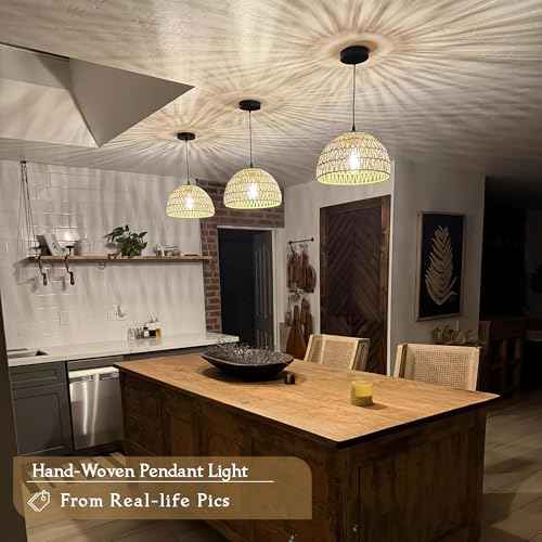 2 Pack Hemp Rope Woven Pendant Light Woven Light Fixture Boho Chandelier Light Fixture Wicker Pendant Lights Rattan Dome Wicker Chandelier for Dining Room Kitchen Island