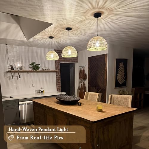 Hemp Rope Woven Pendant Light Woven Light Fixture Boho Chandelier Light Fixture Wicker Pendant Lights Rattan Lights Pendant Dome Wicker Chandelier for Dining Room Kitchen Island