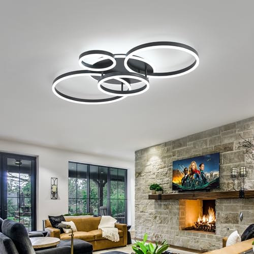 Flush Mount Modern Ceiling Light Black Led Modern Light Fixtures Ceiling Mount Lights 4 Rings Led Chandelier Lamp Fixture with Remote for Living Room Kitchen Dining Room Bedroom