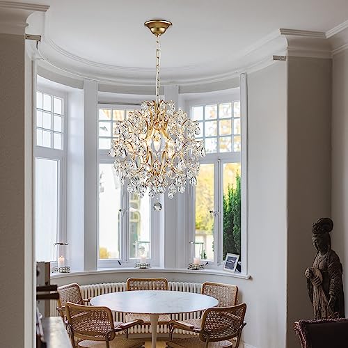 Modern Gold Pendant Chandelier Crystal Raindrop Lighting Ceiling Light Fixture Lamp for Dining Room Bathroom Bedroom Livingroom entryway 3 E12 Bulbs Required D16 in x H18 in
