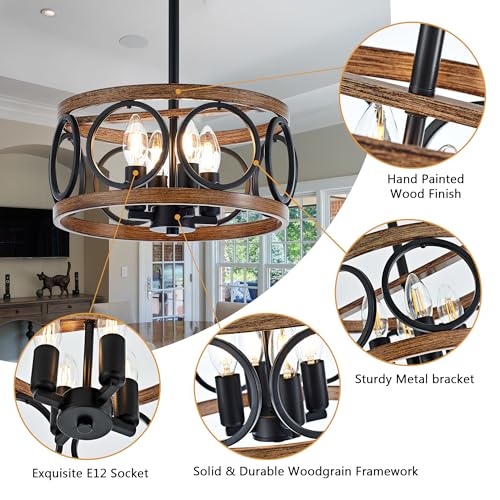 12.6" 4 Light Black Farmhouse Drum Pendant Light for Dining Room