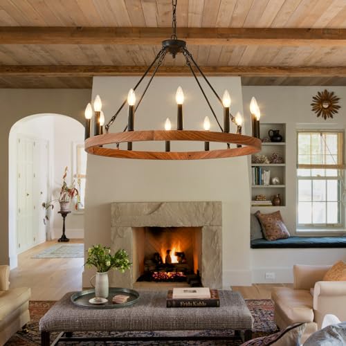 Wood Grain Wagon Wheel Chandelier 32