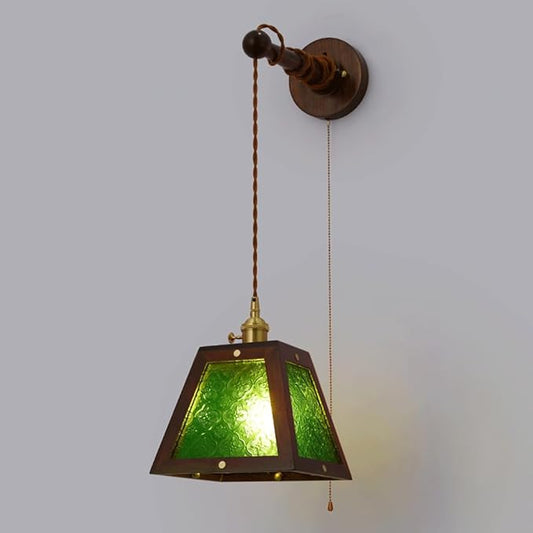 Chic Plum Blossom Glass Wall Sconce Lighting Wabi Sabi Wood Wall Light Fixture with Brass Rotary Switch and Pull Switch, Height Adjustable Japanese Style Embossed Glass Wall Lamp (Walnut)