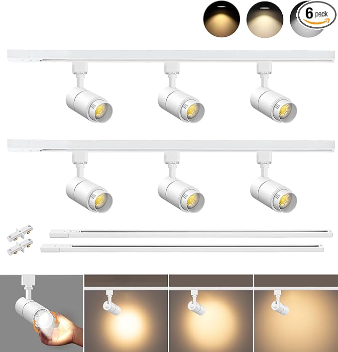 VANoopee 3-Color Zoomable 6 Light LED Track Lighting Kit with 6.6FT H Type Track Lighting Rail, LED Track Light Heads Dimmable Modern Kitchen Track Lighting Fixtures Ceiling Spotlight 10W 1000lm White - Aura Lighting