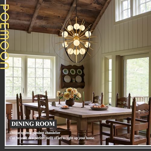 31" 12 Light Black Gold Sputnik Chandelier with Milk Glass Shade