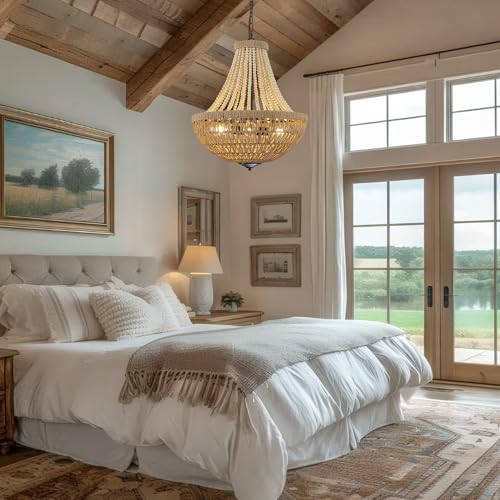 22" Wood Beaded Chandelier Boho Farmhouse Pendant Light for Dining Room