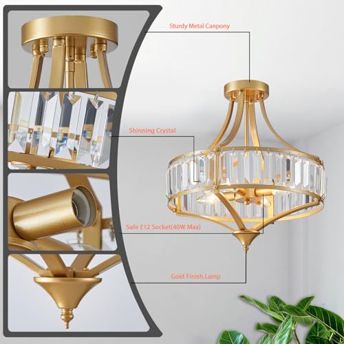 Modern Gold Crystal Chandelier 4 Lights Semi Flush Mount Ceiling Light Fixture E12 Base Farmhouse Mid Century Chandelier for Dining Room Bedroom Hallway Entryway Kitchen
