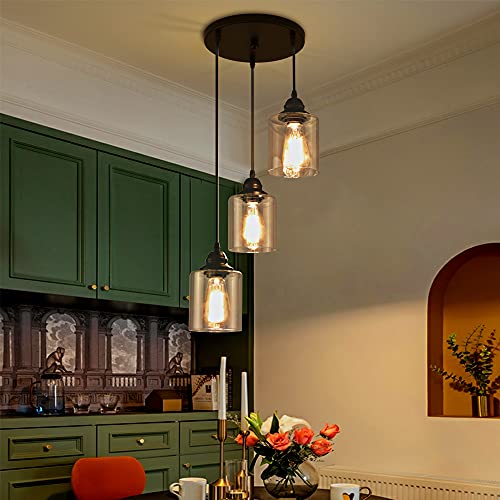 3 Lights Industrial Pendant Light with Glass Shade Matte Black Pendant Lighting Adjustable Industrial Retro Style Hanging Light