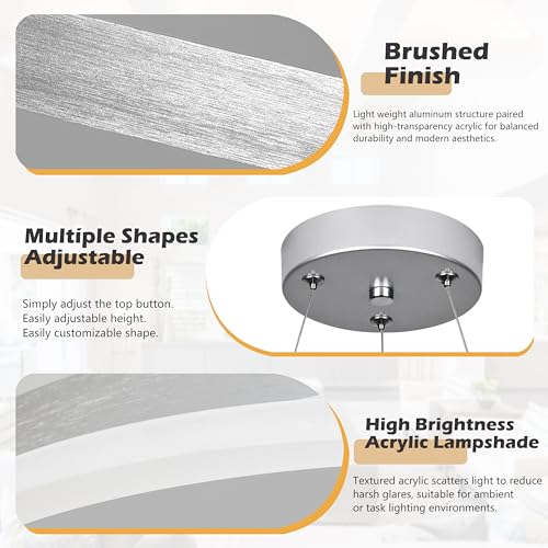 20" Modern Nickel Led Chandelier Ring Dimmable LED Chandeliers with Remote Control for Kitchen Island Height Adjustable Chandelier Led Pendant Light for Living Room Dining Room Bedroom Foyer