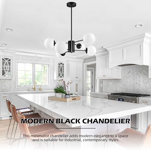 6 Light Sputnik Chandelier Black Sputnik Chandeliers Modern Mid Century Globe Pendant Light Matte Black Finished with White Frosted Globe Glass Lampshade for Dining Room Bedroom Kitchen