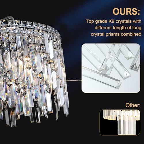 Large Crystal Chandelier 30'' Chrome Modern Chandelier for Dining Room 10 Light Drum Chandelier Luxury K9 Raindrop Crystal Ceiling Pendant Fixtures for Living Room Bedroom Staircase Foyer