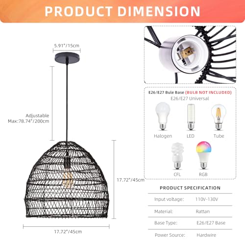 17.6" Black Kitchen Island Pendant Light