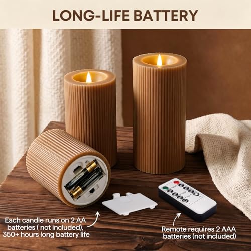 Brown Ribbed Moving Flame Flameless Pillar Candles with Remote (Warm Brown)