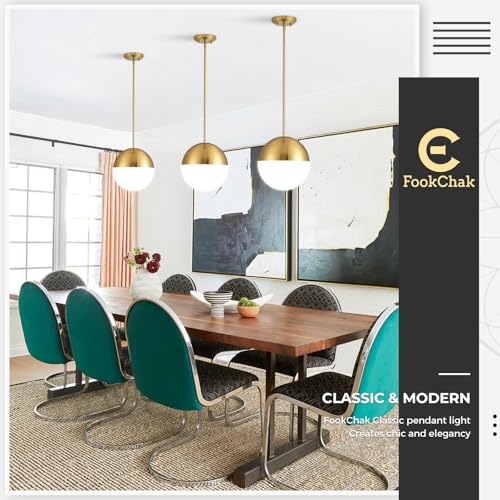 10in Glass Gold Pendant Light Globe Mid Century Modern Kitchen Island Pendant Lighting Brass Frosted Glass Hanging Light Fixtures Milky White Ball Pendant Lights for Dining Room Entry Bathroom