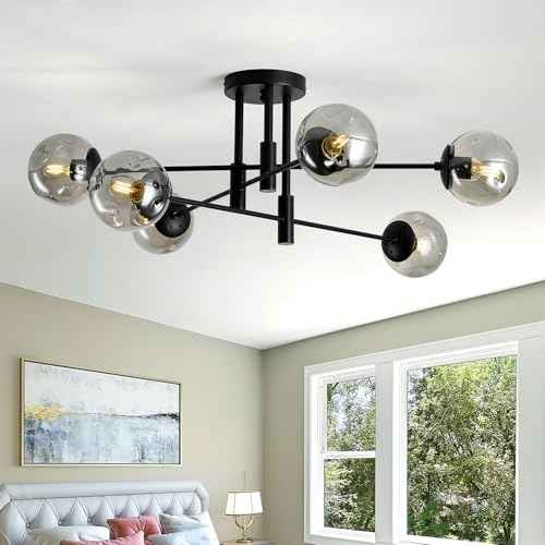 6-Lights Glass Globe Sputnik Chandelier Modern Flush Mount Ceiling Light Fixture Black Farmhouse Lighting for Dining Room Living Room Bedroom Kitchen Passageway.