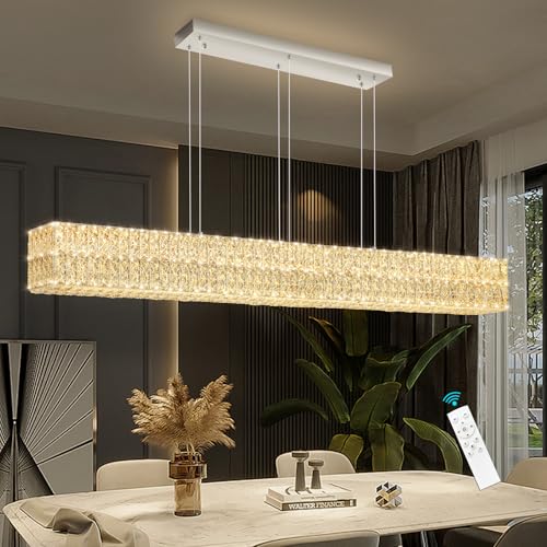 Rectangular Crystal Chandelier Dimmable LED Linear Chandeliers for Dining Room Remote Ceiling Pendants Light Fixture for Kitchen Island Silver