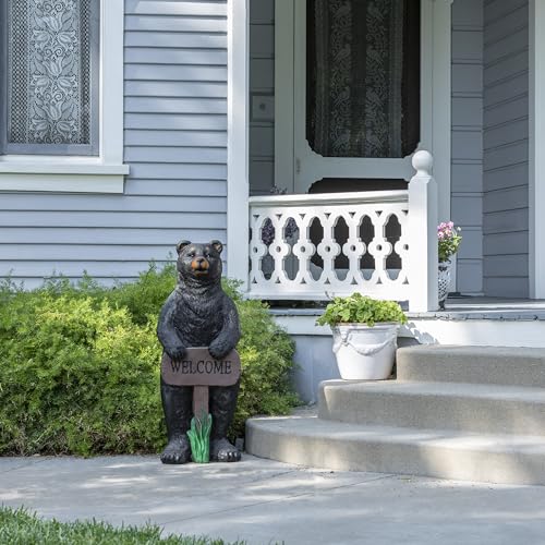36" Tall Outdoor Standing Black Bear with Welcome Sign Yard Statue Decoration