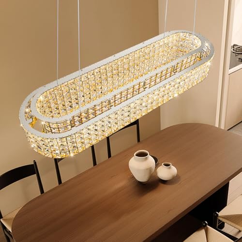 L40 x W12 Modern Chandeliers for Dining Room LED Dimmable Pendant Lighting Ceiling Chandelier Crystal Rectangle Light Fixtures Silver