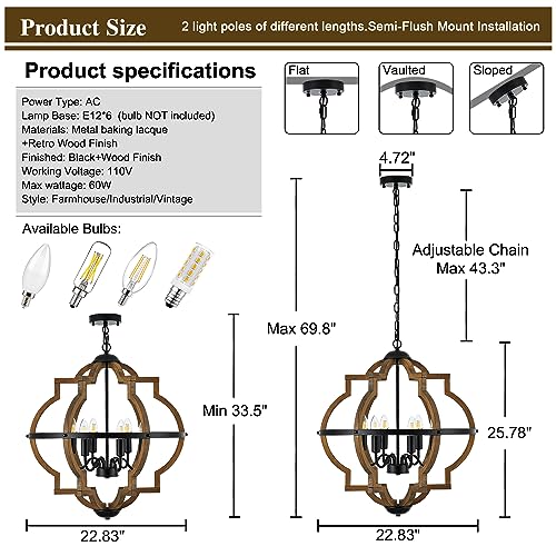 22.83" 6 Light Brown Oak Wood Drum Pendant Light for Dining Room