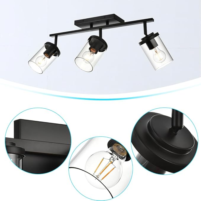 BONLICHT Industrial Vintage Indoor Wall Mount Spotlight 3 Light Modern Semi Flush Mount Ceiling Light Black Adjustable Track Lighting Kit Rustic Bathroom Vanity Light Fixture with Clear Glass Shade - Aura Lighting
