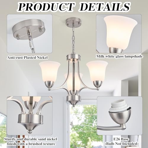 3 Lights Farmhouse Chandelier Brushed Nickel Modern Dining Room Light Fixture Silver Adjustable Ceiling Hanging Pendent Lighting with Frosted Glass for Kitchen Island