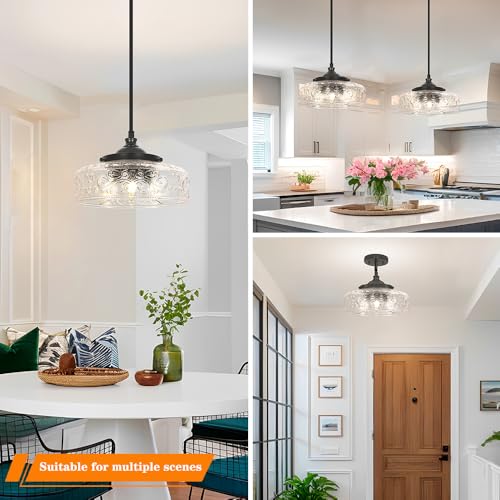 Black 3 Light Pendant Light with 12in Glass Shade