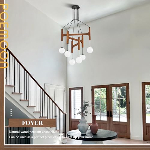 Farmhouse 6 Light Wooden Chandelier with Milk Glass Globe L28 Inch (6 Count)