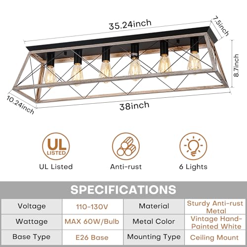38" Large Rectangular Flush Mount Ceiling Light with Oak White Finish