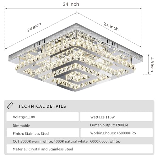 34 inch Silver Crystal Chandeliers LED Ceiling Light