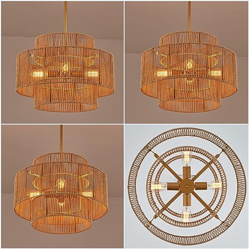 24” Boho Hand Woven Rattan Chandelier 3 Round Adjustable 4