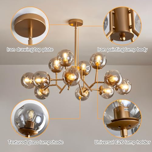 12 Light Modern Gold Sputnik Chandelier with Glass Globe