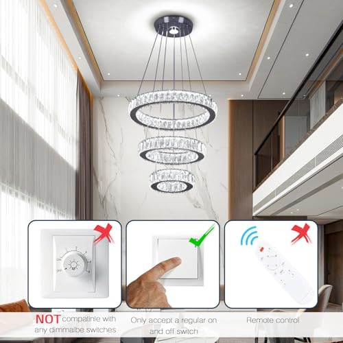 Finktonglan 3-Ring Round Crystal LED Chandelier, 52W 6500K Cool White | 15.6-Inch K9 Crystal Rings, Adjustable Height and Shape, Non-Dimmable Pendant for Dining Room, Living Room and Foyer