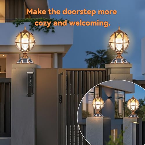 17.7 Inch Solar Powered Outdoor Pillar Lights with Amber Glass Post Lights
