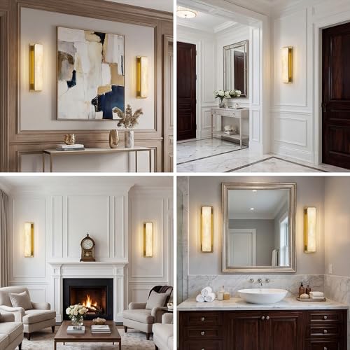 Alabaster Wall Sconces Set of Two Modern LED Wall Lights Natural Spanish Marble 20" Rectangular Wall Sconce Gold Wall Lamps for Bedroom Living Room Hallway Staircase