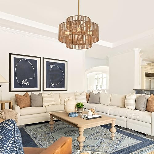 24” Boho Hand Woven Rattan Chandelier 3 Round Adjustable 4