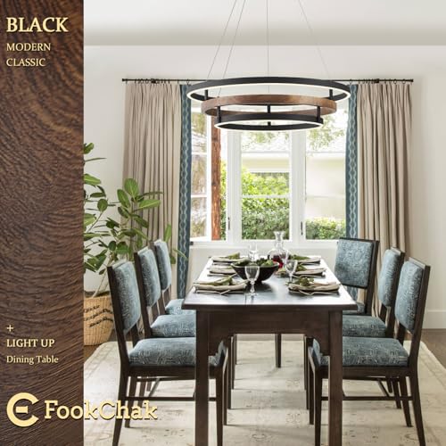 Modern LED Chandelier Black Wood Dimmable 3 Ring Foyer Entry Chandeliers