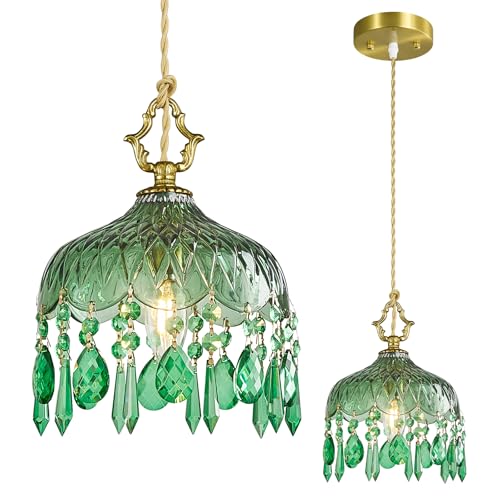 Brass Vintage Pendant Light Green Crystal Hanging Light Fixtures
