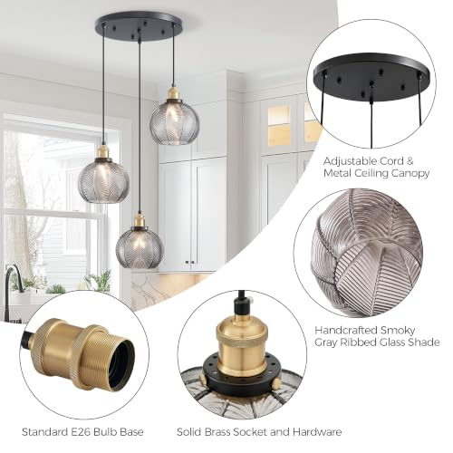 3 Light Modern Smoky Gray Striped Glass Cluster Pendant Light