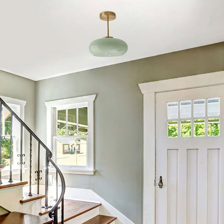 Milk Glass Ceiling Light Semi Flush Mount Ceiling Lights fixtures with Milk Green Glass Shade Mid Century Modern Flush Mount Lighting Gold Brass Close to Lamp for Hallway Kitchen Sink
