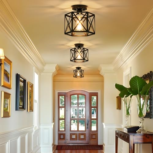 Black Modern Farmhouse Metal Semi Flush Mount Ceiling Light Fixture 9.5 in